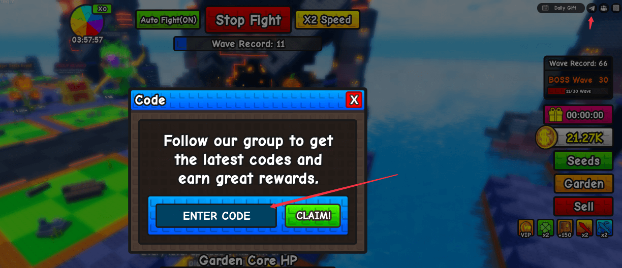 Plant Brainrot Simulator main screen showing a paper plane style icon in the top right corner